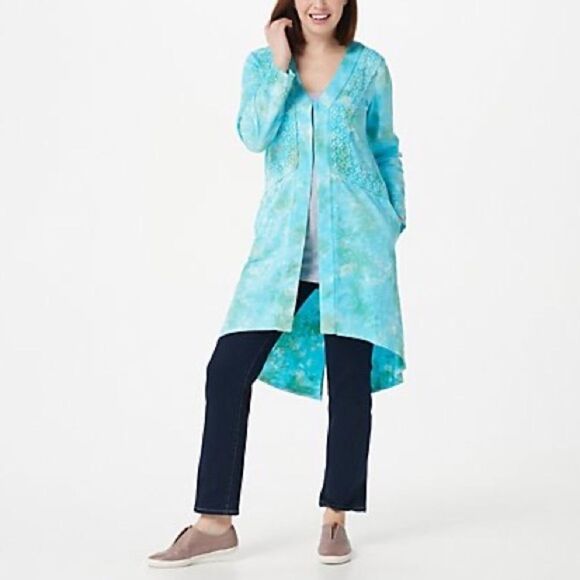LOGO Lavish by Lori Goldstein Crochet Lace Hand Tie Dyed Duster - Picture 1 of 8